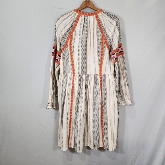 Anthropologie Lottie Embroidered Mini Dress Pleat Ivory Long Sleeve Gold - Picture 9 of 16